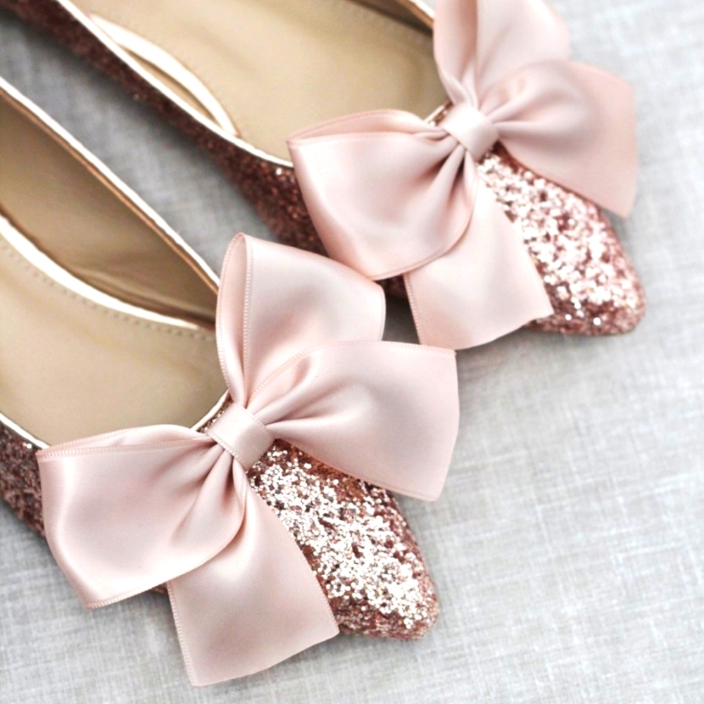Kailee P. Pointed Glitter Bow Toe Rose Gold Flats